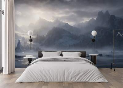 Epic mountain landscape in cold colors. Wall mural