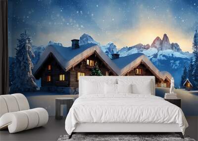 Snow-covered landscape with chalet houses, in the foothills of the Alps. Wall mural