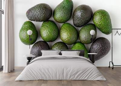 a whole view of multiple avocados arranged on isolated white background, view from above, editorial photography Wall mural