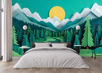 Yosemite, USA, valley and waterfall with paper folds, paper craft Wall mural