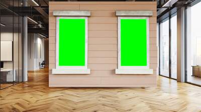 dual or two old wood white window with big green screen on the w Wall mural