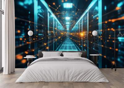 A futuristic data center secured by quantum encryption, with glowing networks visualizing encrypted information flowing through the system, Wall mural