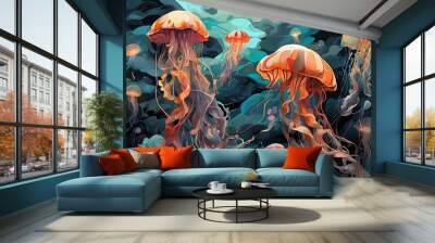 jellyfish on an abstract, colorful background Wall mural