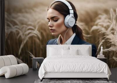 Woman in a business suit in a field with headphones Wall mural