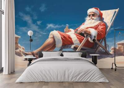 santa claus relaxing on a deckchair in the sun on a desert island, very sunny. generative ai Wall mural