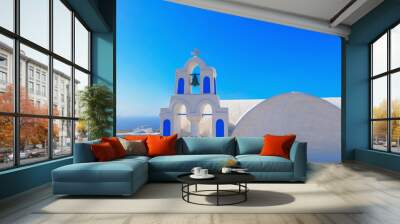 Greece Santorini island in Cyclades, traditional view of white washed houses with colorful wooden frames Wall mural