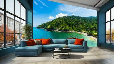 Summer seascape view with clear sea, green forest and blue sky on koh Lanta island in Thailand. Wall mural