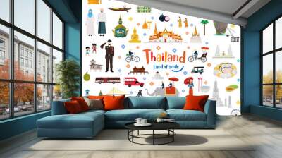 Great of Thailand and Golden Grand Palace, Lifestyle, Landmarks, Buddhism, Transportation in flat style
 Wall mural