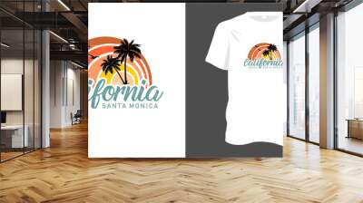 California santa monica beach t-shirt design. Retro summer beach design for apparel and others. Typography style with colorful background. Beach vibes for vacation. Vector illustration. Wall mural