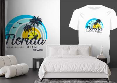 Miami florida beach t-shirt design. Retro summer beach design for apparel and others. Typography style with colorful background. Beach vibes for vacation. Vector illustration. Wall mural