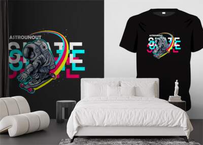 Skating Astronaut graphic t-shirt design ready to print. Typography style with image of astronaut skating on surfboard, space symbols, stars, moon. Vector illustration Wall mural