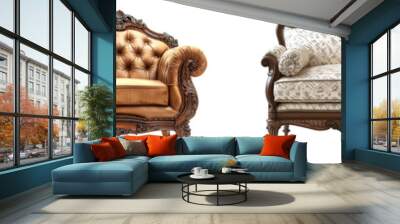 A set of luxurious classic armchairs with ornate wooden details, isolated on a white background Wall mural