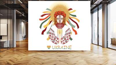 I love Ukraine, Motanka Doll prays for Ukraine wearing an embroidered dress and a wreath of poppies and wheat ears. Traditional Ukrainian amulet Wall mural