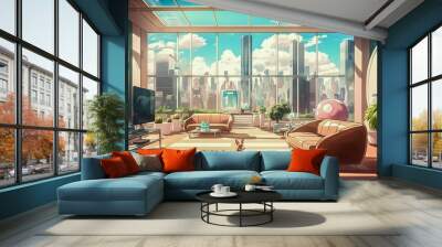 A room in an apartment building with large glass windows, in a Japanese animation painting style. Fancy and pop furniture and furnishings, city life, good condominium, futuristic concept Wall mural