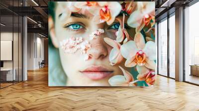 A stunning close-up portrait of a woman adorned with pink flowers and glittery makeup, blending natural beauty and artistic expression. Wall mural