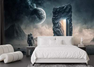 Astronaut or space traveler standing at the ominous rock gate on remote planet. Fantasy, future, universe and space travel art concept. Fictional person and place. Made with Generative AI Wall mural