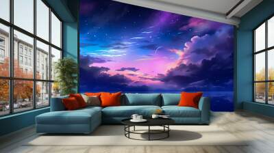 Beautiful pastel-colored, purple night sky and cloud illustration. Mysterious starry sky and nebulae. Vivid colors, dreamy cloudscape. Heavenly, zenith, creative, animated style. Wall mural