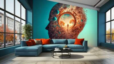 Conceptual art journey to dream. Step into another world, Inside of brain, fantasy, escape from life concept. Made with Generative AI Wall mural