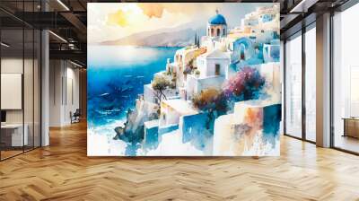 Watercolor painting modeled on the island of Santorini in summer. Concept illustration of medieval Greece, the sea, and Europe in summer. Made with Generative AI Wall mural