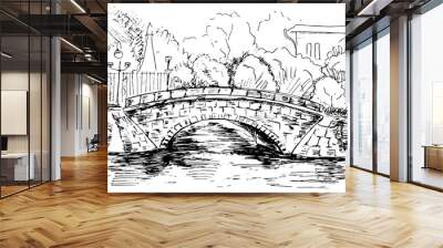 Old brick bridge across the river and park landscape. Hand drawn black and white sketch, vector illustration. Wall mural