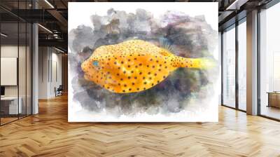 Yellow box fish. Coral reef fauna. Watercolor illustration. Wall mural