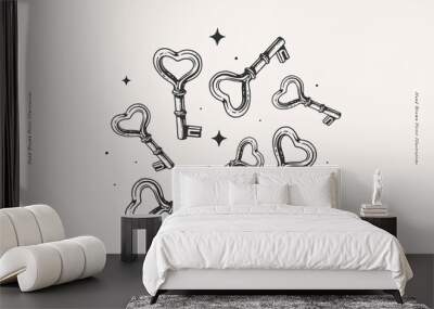 A set of forged door keys in the shape of a heart and a star on a light background. Key to the heart. A sign of romantic feelings. Valentine's Day. Wall mural