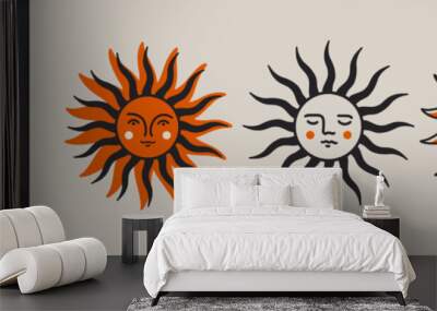 Banner with three sun icons. Collection of sun pictograms. Vector illustration of summer symbol. Wall mural