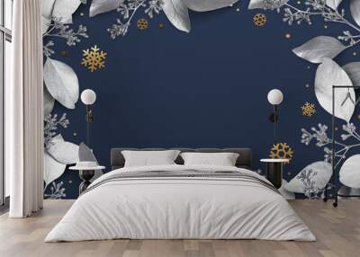 Christmas holiday background. Empty place for text in a frame of silver leaves and snowflakes. Design element for Christmas and New Year cards, banners. Top view. 3d illustration. Wall mural