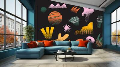 Collection of abstract graphic forms on a dark background. Minimalist elements in the style of modern art. Universal vector illustration for your design in a flat style. Shapes and objects. Wall mural