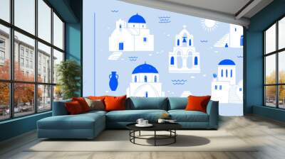 Collection of Greek architecture of Santorini island. Traditional white windmills and temples with blue roofs. Design elements for souvenir products. Vector illustration isolated. Wall mural