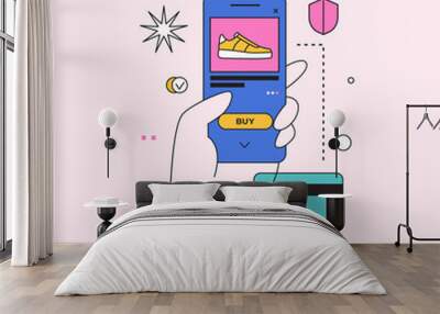 Concept of internet payments, mobile shopping. Online shopping. Image of a mobile phone in hand, a bank card on a pink background. Vector illustration in a flat style. Wall mural