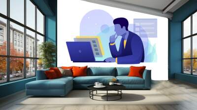 Concept of work in office. Businessman carefully looks at screen and analyzes data on an open laptop. Work in overtime. Modern flat style vector illustration. Wall mural