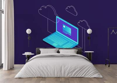 Concepts Cloud storage. Laptop on blue background. Synchronization and storage of data. 3d isometric flat design. Vector illustration. Wall mural