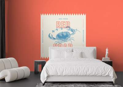 Crab logo template drawn with graphic lines on a light background. Retro sticker for the menu of fish restaurants, markets and shops. Vector illustration of vintage engraving. Wall mural