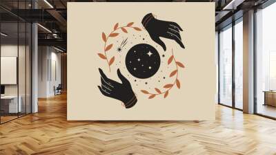 Female hands hold branches around the shimmering moon. Magic vector illustration in trendy minimal style. Mystical symbols for spiritual practices, ethnic magic, and astrological rites. Wall mural