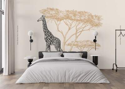 Giraffe on a background of acacia in engraving style. Wild animal of the African savanna on a light background. Hand drawn vector retro illustration. Wall mural