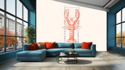 Graphically drawn lobster. Hand-drawn retro logo with sea animal in the style of engraving. Can be used for menu restaurants, fish markets and in stores. Vector vintage illustration. Wall mural