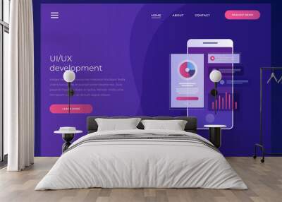 Header for website. Mobile UI/UX development design concept. Smartphone with interface elements. Digital industry. Innovation and technologies. Mobile app. Vector flat illustration. Wall mural