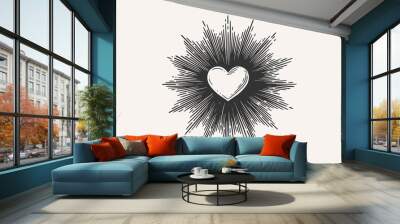 Heart in sparkling rays on a light background. A symbol of romantic and passionate love in engraving style. Vector illustration. Wall mural