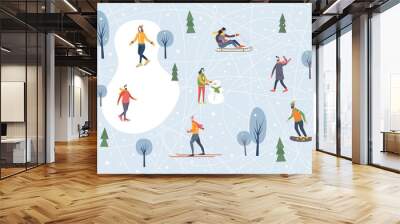 Landscape with snow-covered trees and walking people. Winter outdoor activities and sports. Skating, skiing, snowboarding, sledding. Happy winter holidays. Festive seasonal vector illustration. Wall mural