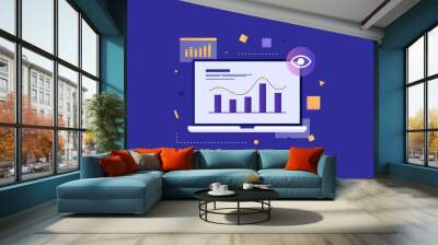 Laptop monitor with statistics graph. Track the growth and decline of indicators on the chart. Modern digital technologies. Vector illustration on a blue background. Wall mural