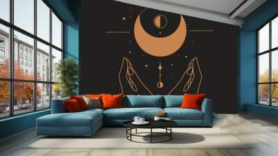 magic mystical composition with crescent, stars, and hands a dark background. boho style and esoteri Wall mural