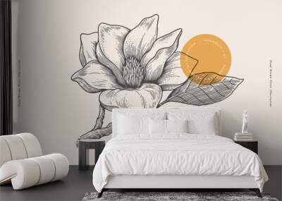 Magnolia flower and branch in engraving style. Beautiful ornamental plant, vector illustration. Botanical illustration for floral design in perfumery and cosmetology. Wall mural