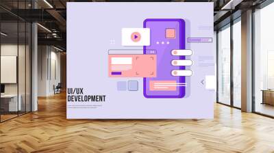 Mobile UI/UX development design concept. Smartphone with interface elements. Digital industry. Innovation and technologies. Mobile app. Vector flat illustration for web page, banner, presentation. Wall mural