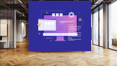 Monitor with a dismantled interface. Programming codes. Digital technologies. Development of mobile applications. Flat vector illustration. Wall mural