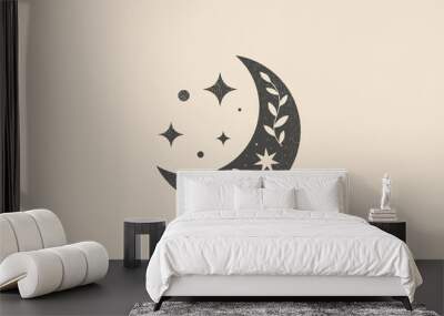 Mystical composition with a crescent moon, a luminous star on a light background. Vector illustration in a trendy minimalist style. Modern laconic art for printing posters, postcards. Wall mural