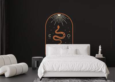 Mystical composition with a wriggling snake on black background. Magical sign of spiritual practices. Occult symbol in a minimalist style for ethnic magic and esoteric rites. Wall mural