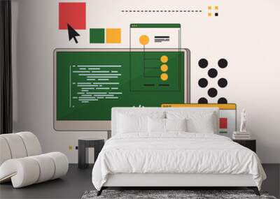 Programming codes. Digital technologies. Development of mobile applications. Monitor with a dismantled interface. Flat vector illustration. Wall mural