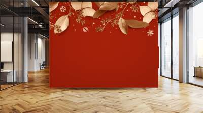 Red Christmas holiday background. Copy space for text with a garland of golden leaves and snowflakes. Design element for Christmas and New Year cards, banners. Top view. 3d illustration. Wall mural