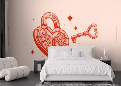 Red forged lock in the shape of a heart and a key to it. A symbol of strong love and marriage. Wedding attribute on a light background. A sign of romantic feelings. Valentine's Day. Wall mural